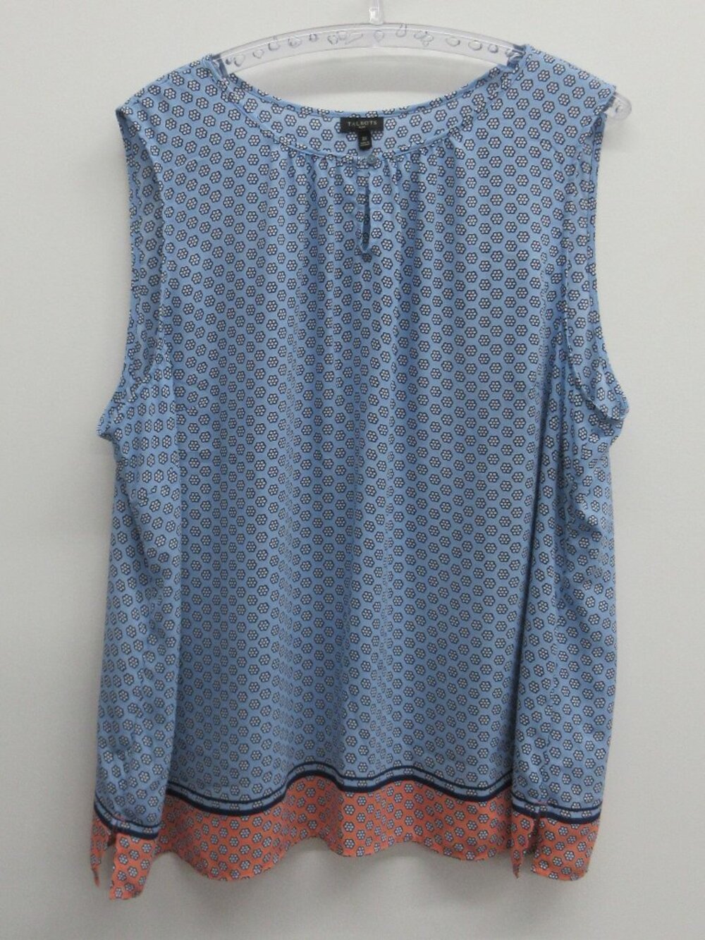 TALBOTS PLUS TANK TOP 3X FLORAL BLUE PEACH NECKLINE W/SLIT & BUTTON